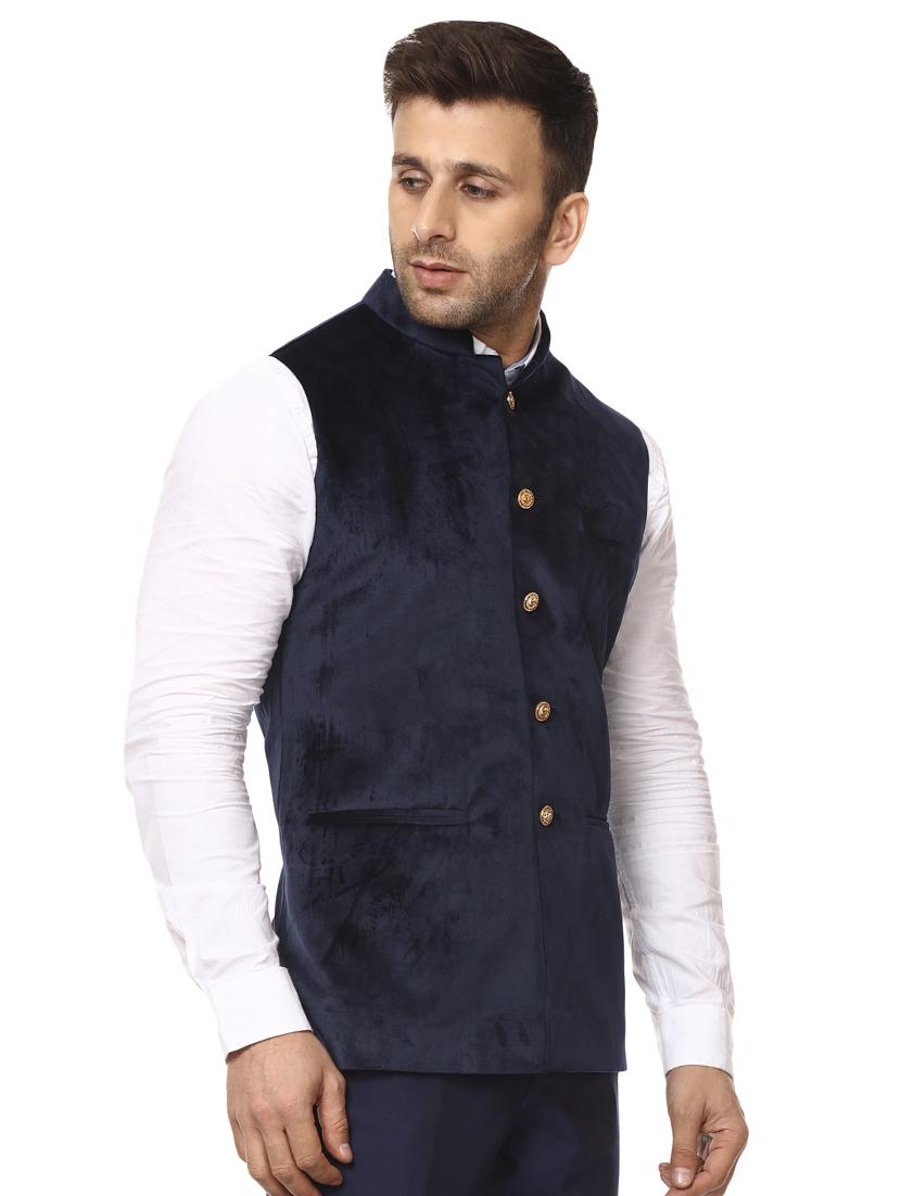 solid blue nehru jacket - 15840499 - Zoom Image - 2