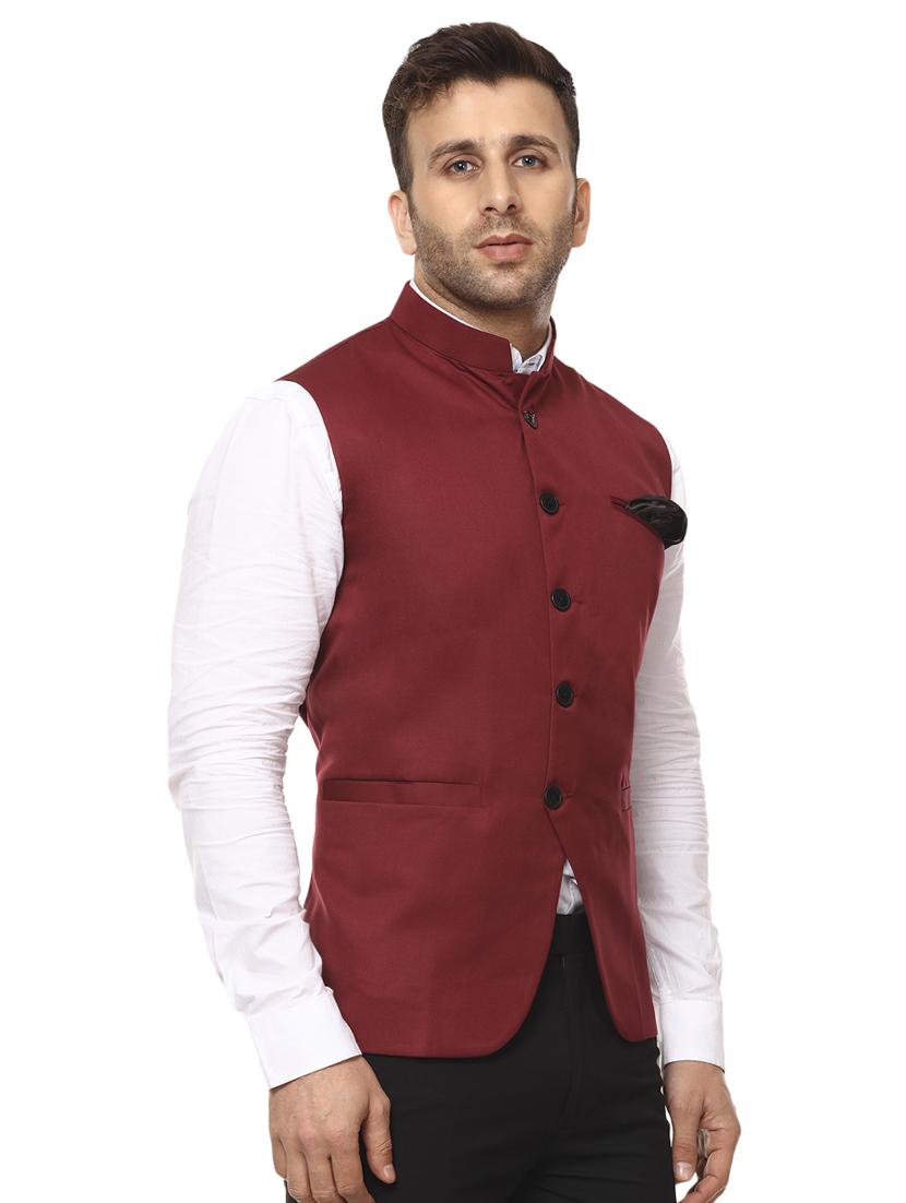 solid maroon nehru jacket - 15840512 - Zoom Image - 2