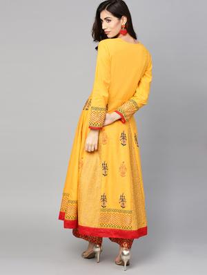 yellow cotton anarkali kurta - 15840646 - Standard Image - 3