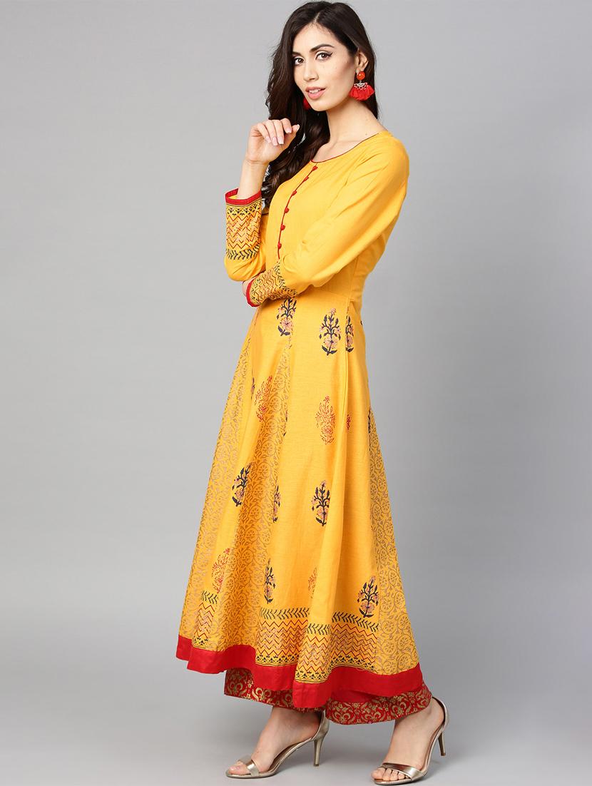 yellow cotton anarkali kurta - 15840646 - Zoom Image - 2