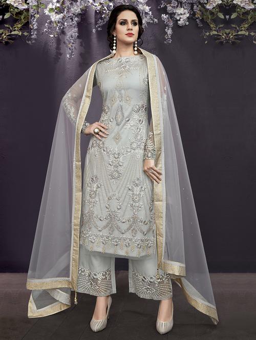 Tonal embroidered semi-stitched palazzo suit - 15841256 - Standard Image - 1