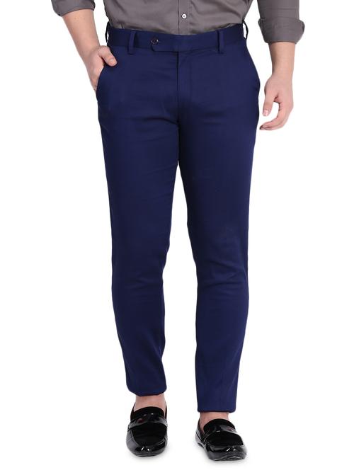 navy blue cotton flat front casual trousers - 15845308 - Standard Image - 1