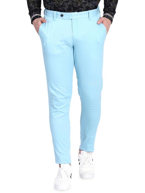 light blue cotton flat front casual trousers - 15845309 - Standard Image - 1