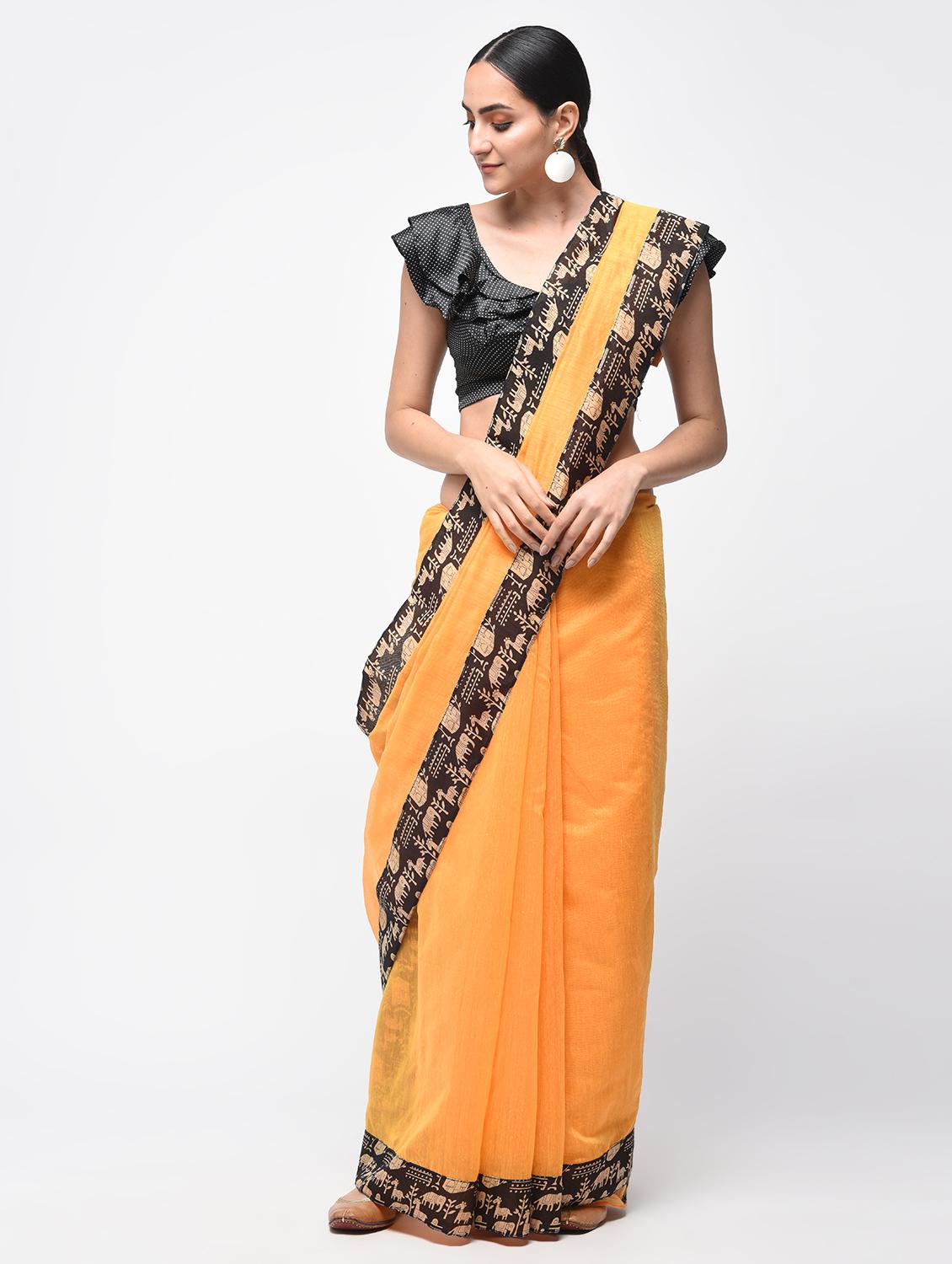 warli border orange chanderi saree with blouse - 15846722 - Zoom Image - 1