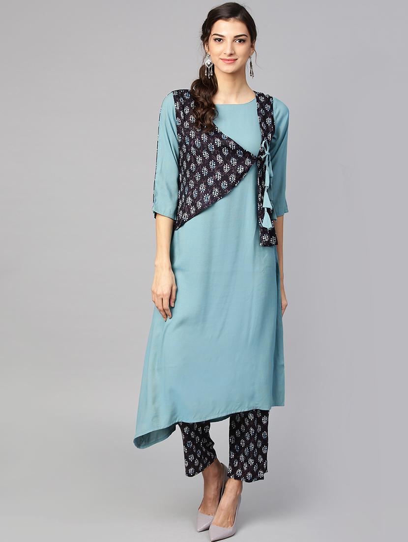 angrakha style kurta with pant set - 15849339 - Zoom Image - 1