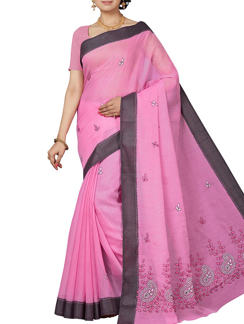 contrast border embroidered saree with blouse - 15851609 - Zoom Image - 1