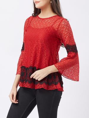 contrast lace bell sleeved top - 15851701 - Standard Image - 2