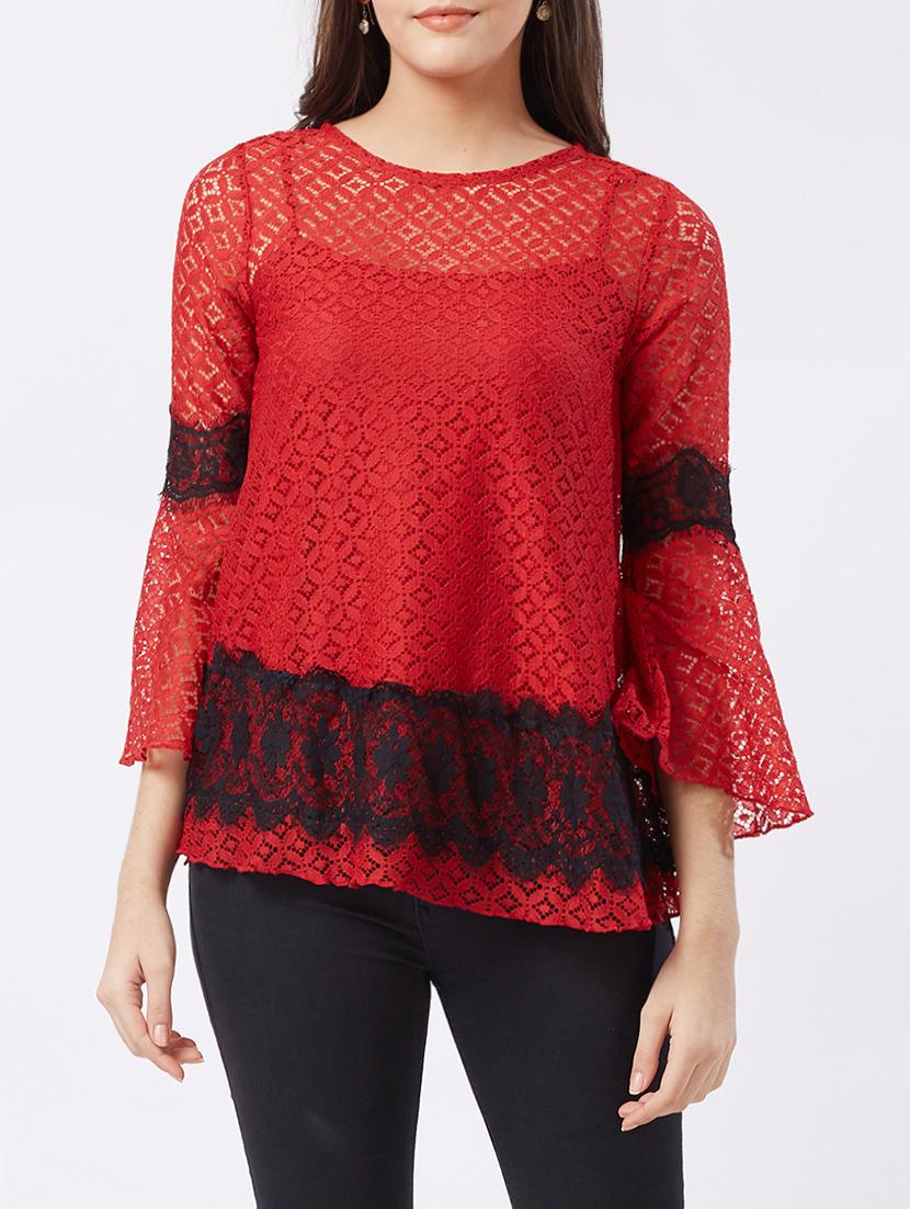 contrast lace bell sleeved top - 15851701 - Zoom Image - 1