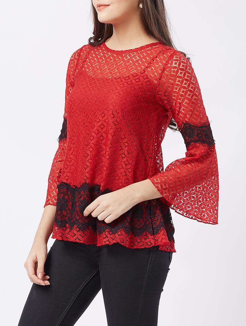 contrast lace bell sleeved top - 15851701 - Zoom Image - 2