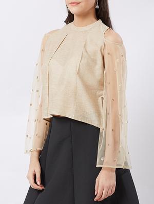 foil print cold shoulder pleated top - 15851703 - Standard Image - 2