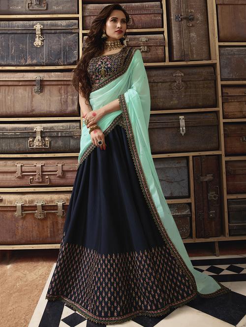 floral embroidered navy blue flared lehenga - 15852228 - Standard Image - 1