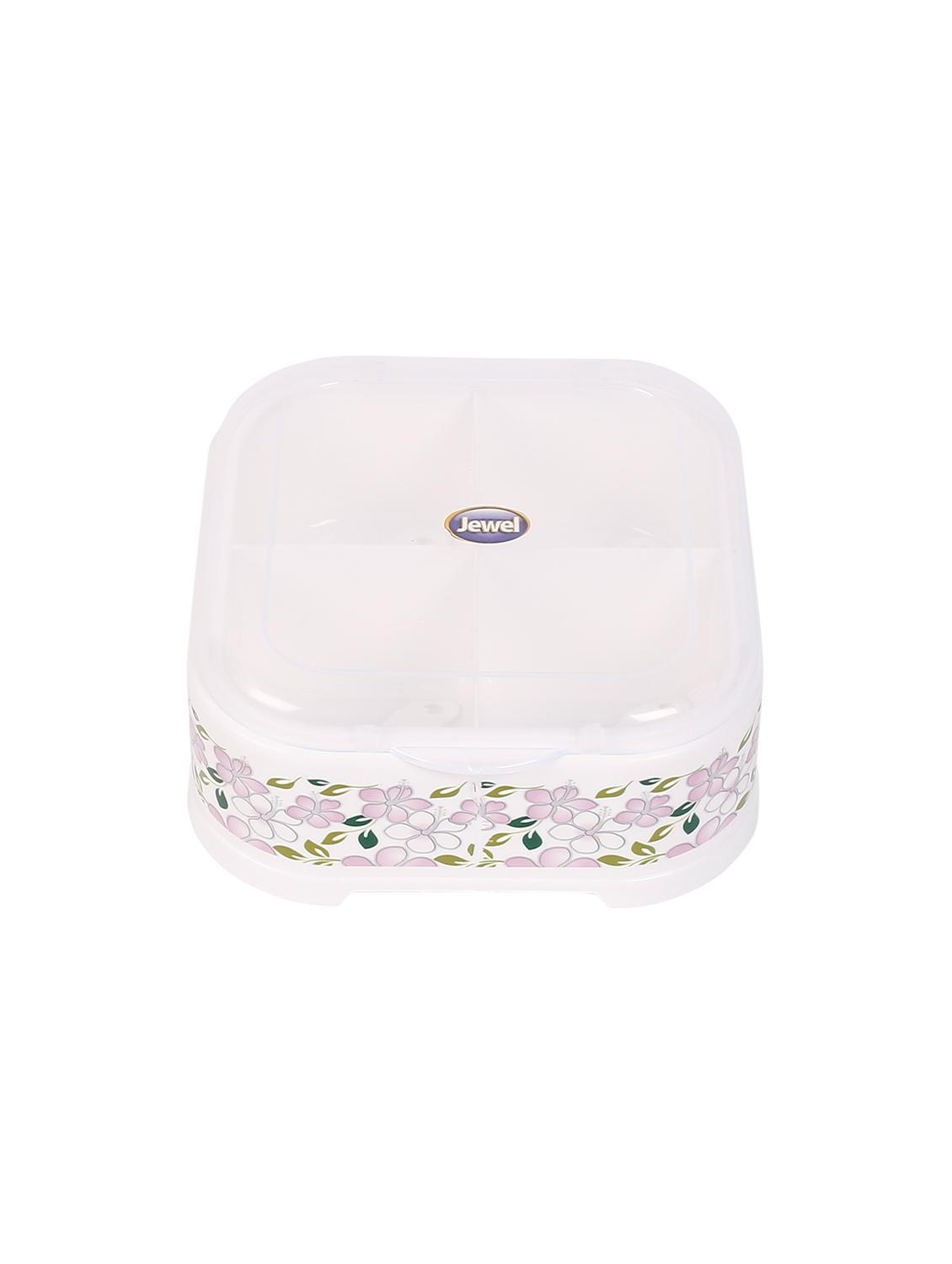 Jewel Dry Fruit Box, Spice Masala Box, Rangoli Box, Compliments Box - 4 Compartments Square Multipurpose Utility Box - White - 15853059 - Zoom Image - 1