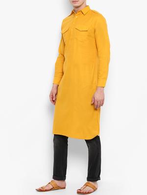 yellow cotton long kurta - 15853862 - Standard Image - 2