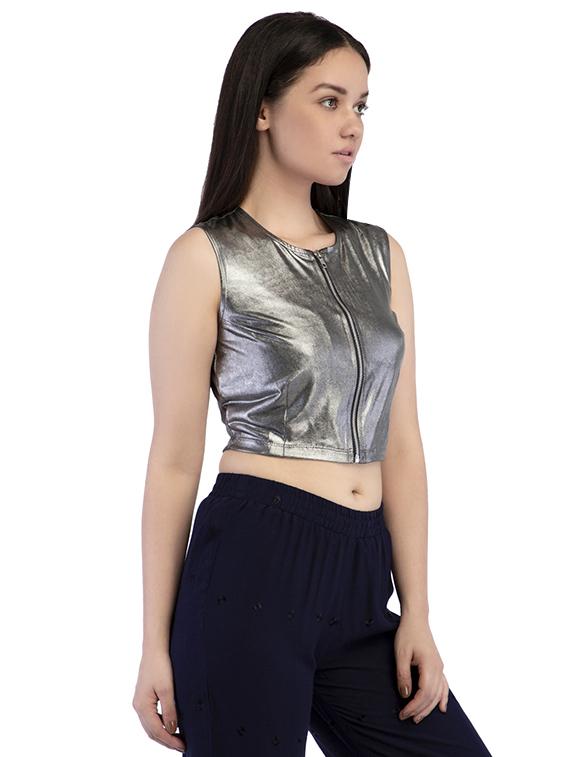 zip-up metallic crop top - 15854710 - Zoom Image - 2