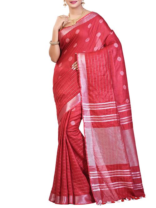 striped coral red linen woven saree with blouse - 15855806 - Standard Image - 1