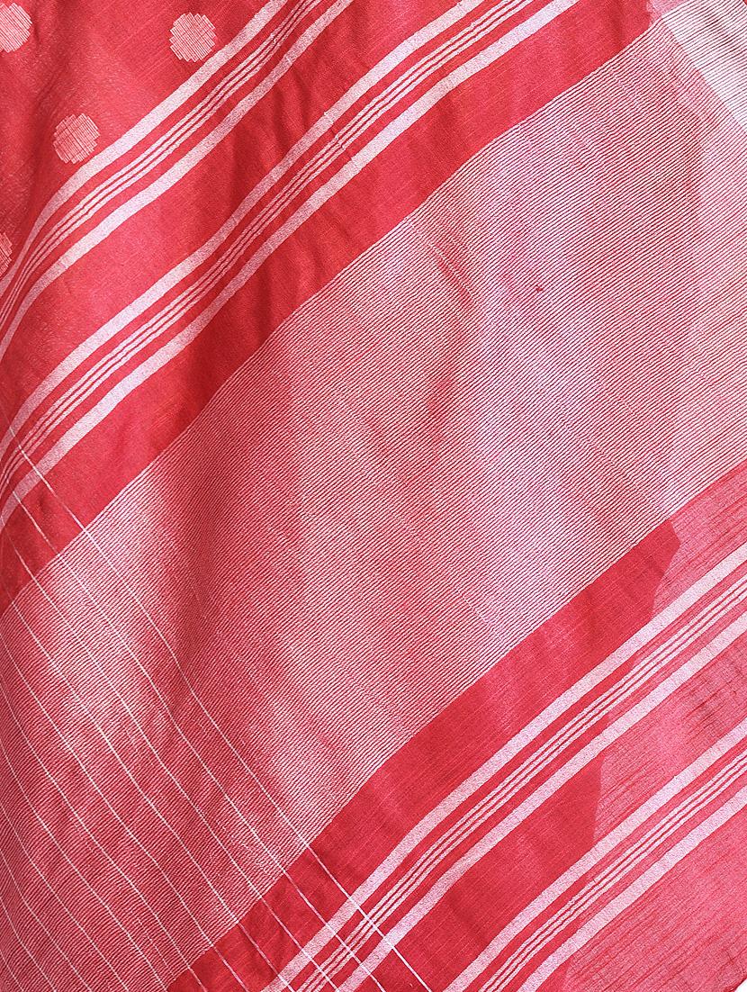 striped coral red linen woven saree with blouse - 15855806 - Zoom Image - 3