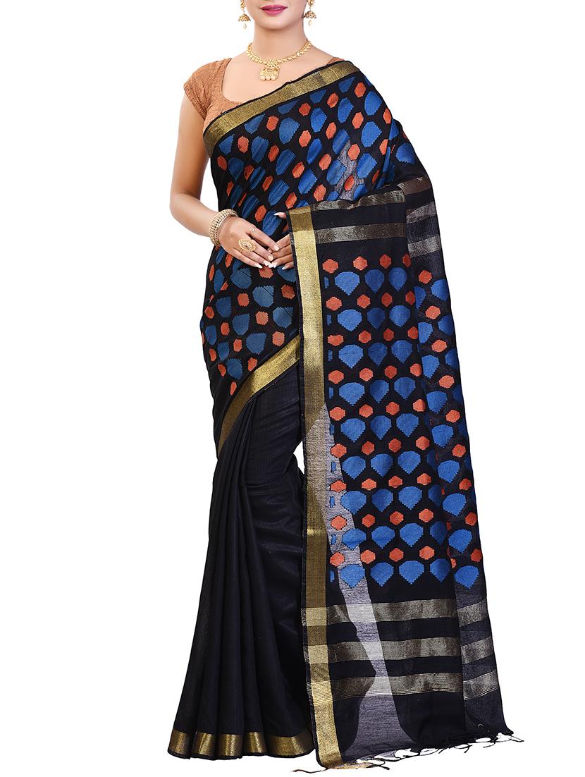geometrical motif linen woven saree with blouse - 15855823 - Zoom Image - 1