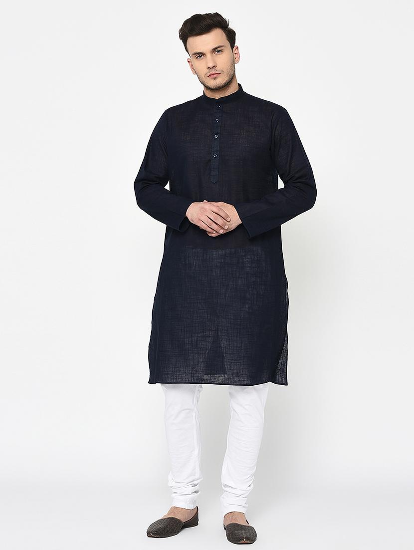 navy blue cotton kurta pyjama set - 15856474 - Zoom Image - 1