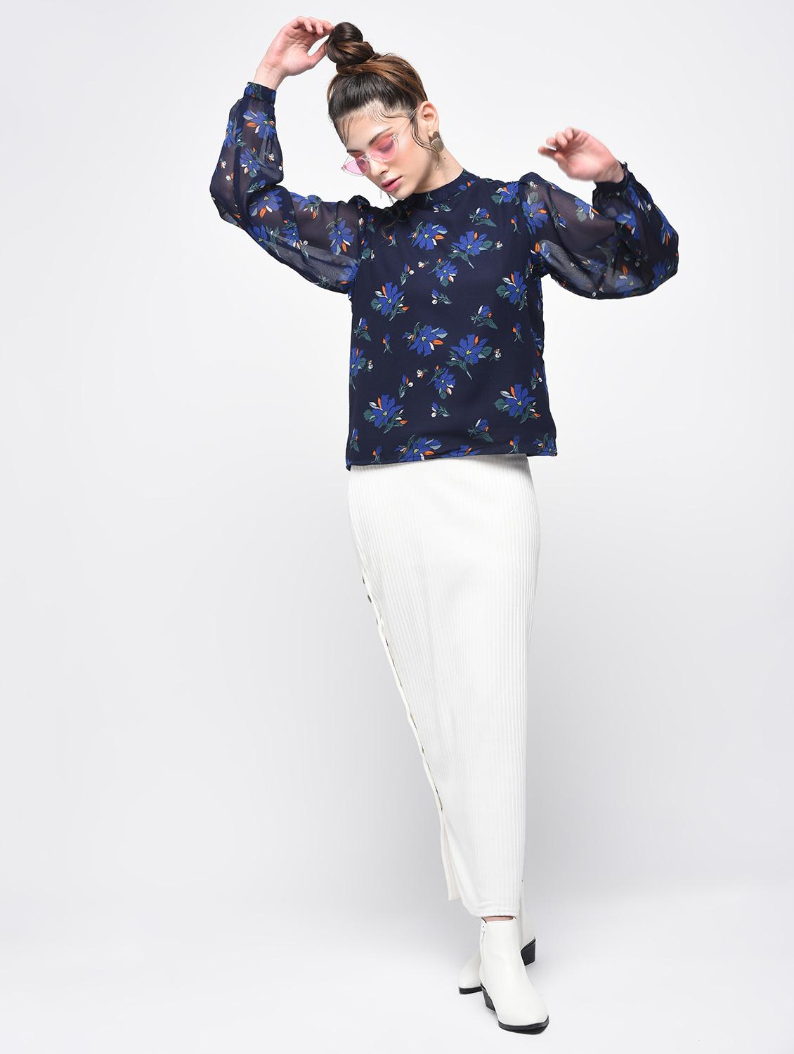 navy mock neck floral top - 15857063 - Zoom Image - 1