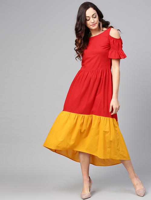 contrast paneled cold shoulder dress - 15857170 - Standard Image - 1