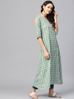 printed a-line cold shoulder kurta - 15857178 - Standard Image - 2