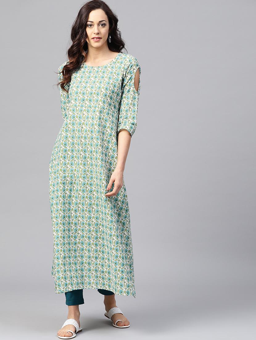printed a-line cold shoulder kurta - 15857178 - Zoom Image - 1