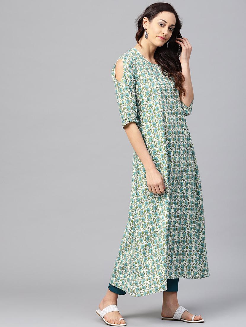 printed a-line cold shoulder kurta - 15857178 - Zoom Image - 2