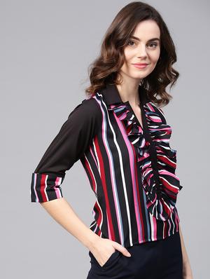 button detail striped ruffle top - 15857191 - Standard Image - 2