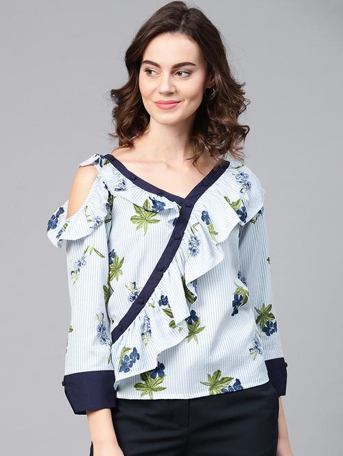 button detail floral striped ruffle top - 15857202 - Standard Image - 1