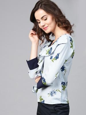 button detail floral striped ruffle top - 15857202 - Standard Image - 2