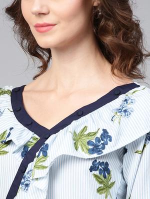 button detail floral striped ruffle top - 15857202 - Standard Image - 5