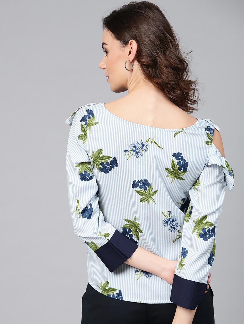 button detail floral striped ruffle top - 15857202 - Zoom Image - 3