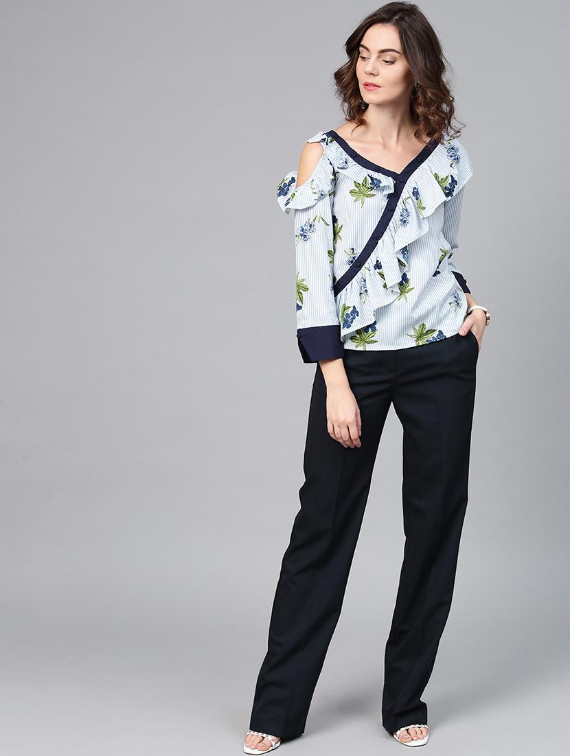 button detail floral striped ruffle top - 15857202 - Zoom Image - 4