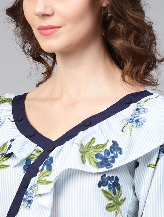 button detail floral striped ruffle top - 15857202 - Zoom Image - 5