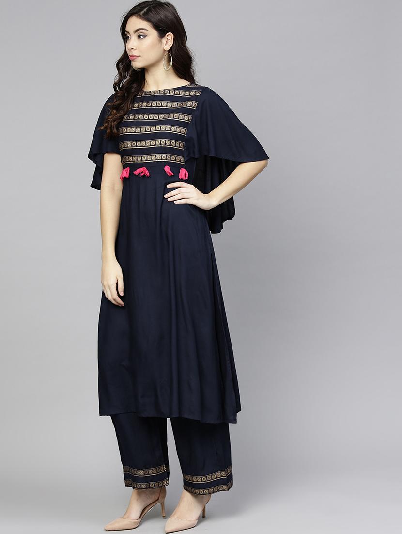 foil printed tassels kurta with palazzo set - 15857238 - Zoom Image - 2