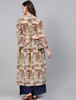 printed bell sleeved kurta with palazzo set - 15857242 - Standard Image - 3