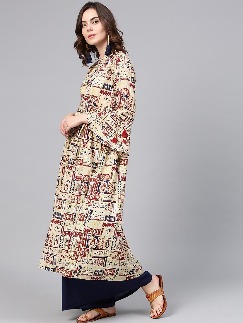 printed bell sleeved kurta with palazzo set - 15857242 - Zoom Image - 2