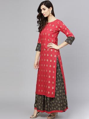 foil printed kurta with skirt set - 15857259 - Standard Image - 2