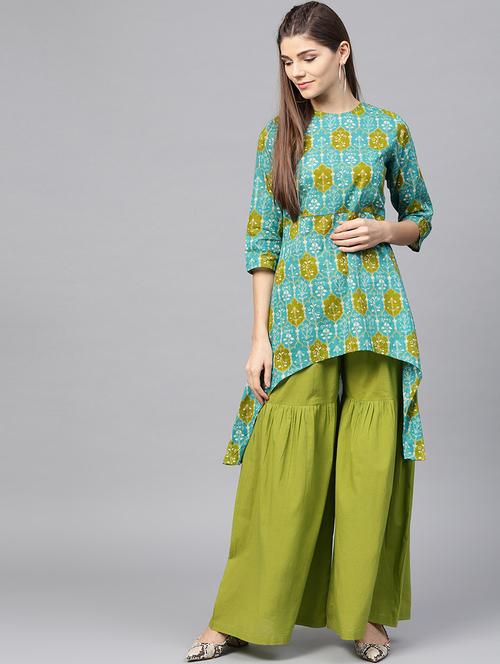 printed high-low kurta with sharara set - 15857272 - Standard Image - 1