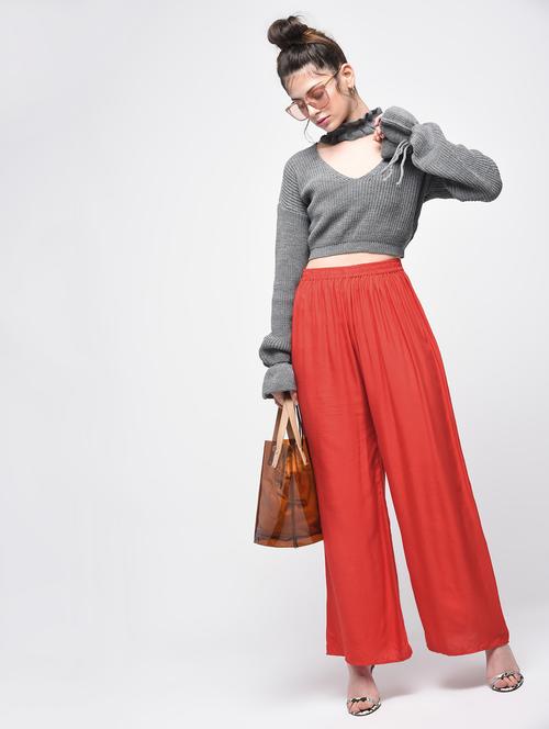 tomato red flared palazzo - 15857716 - Standard Image - 1