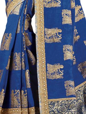 foil printed navy blue saree with blouse - 15858263 - Standard Image - 2