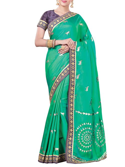 foil printed turquoise saree with blouse - 15858264 - Standard Image - 1