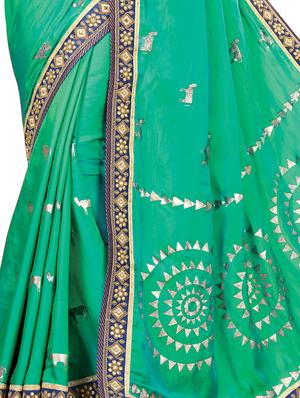 foil printed turquoise saree with blouse - 15858264 - Standard Image - 2