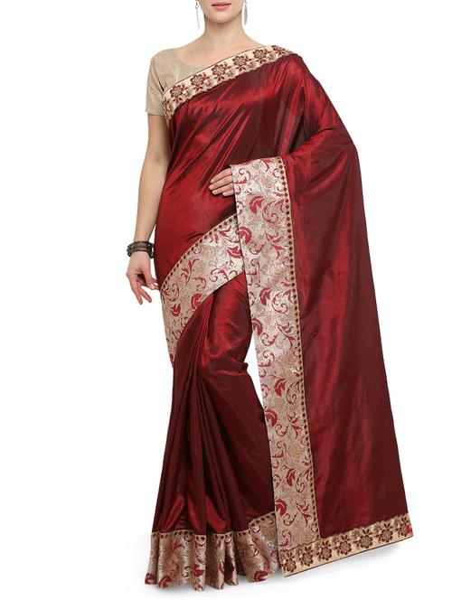 embroidered border maroon saree with blouse - 15858265 - Standard Image - 1