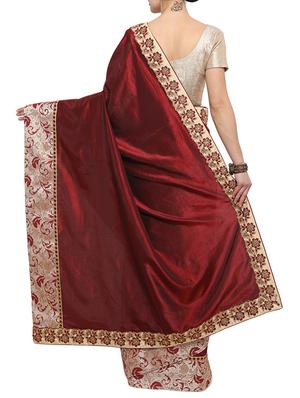 embroidered border maroon saree with blouse - 15858265 - Standard Image - 2