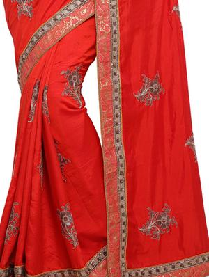 floral embroidered red saree with blouse - 15858300 - Standard Image - 2