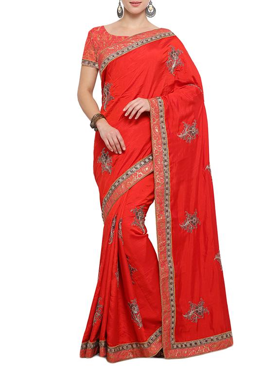 floral embroidered red saree with blouse