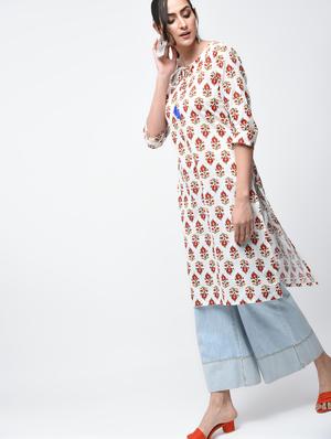 printed straight kurta with tassels - 15858517 - Standard Image - 2