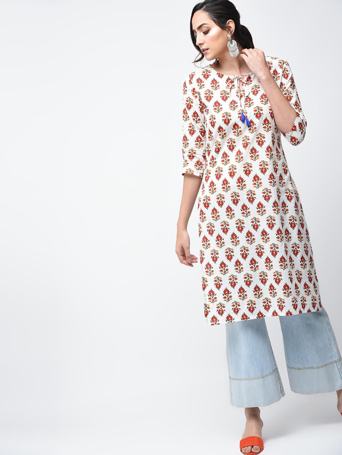 printed straight kurta with tassels - 15858517 - Zoom Image - 1