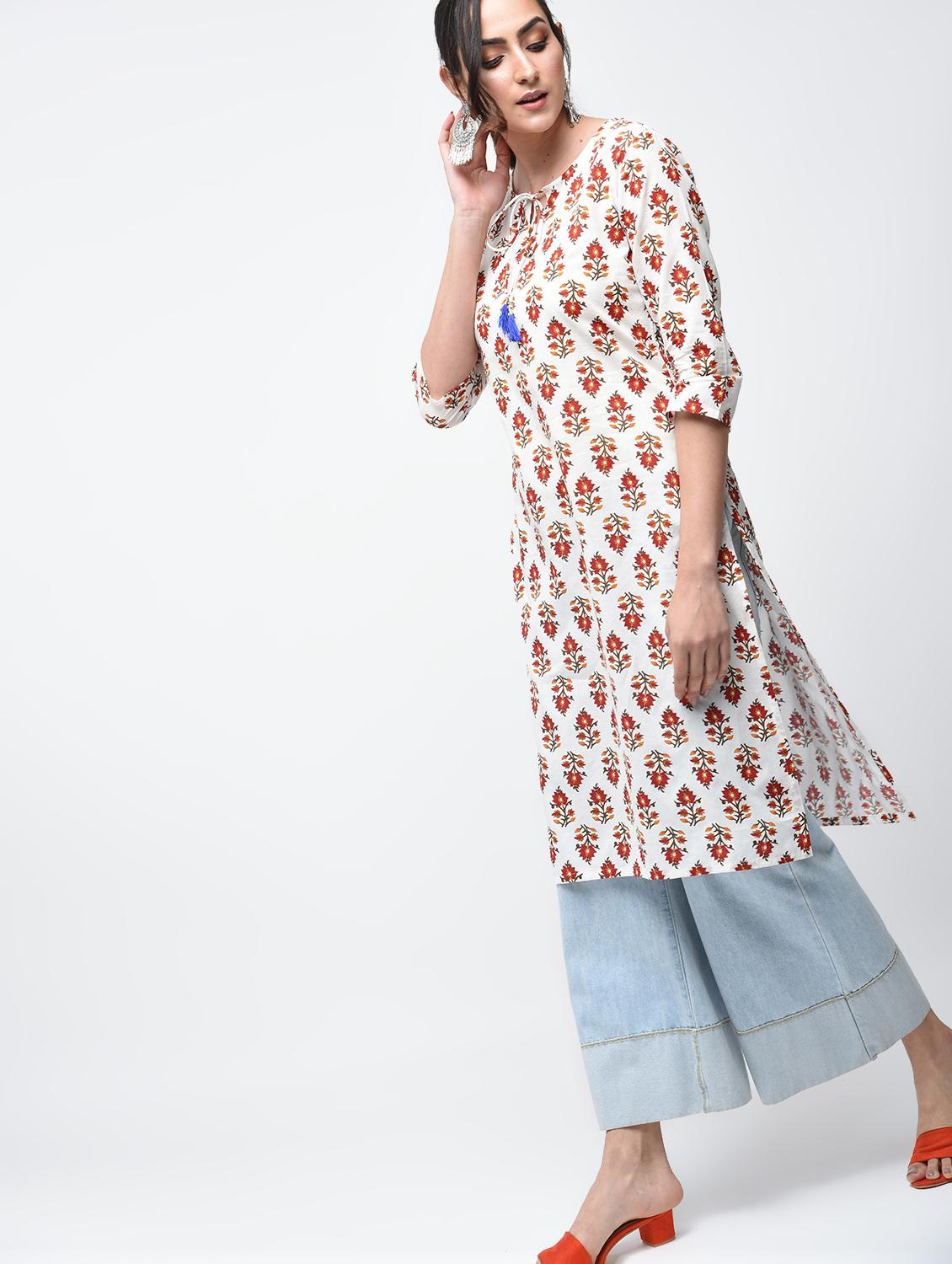 printed straight kurta with tassels - 15858517 - Zoom Image - 2